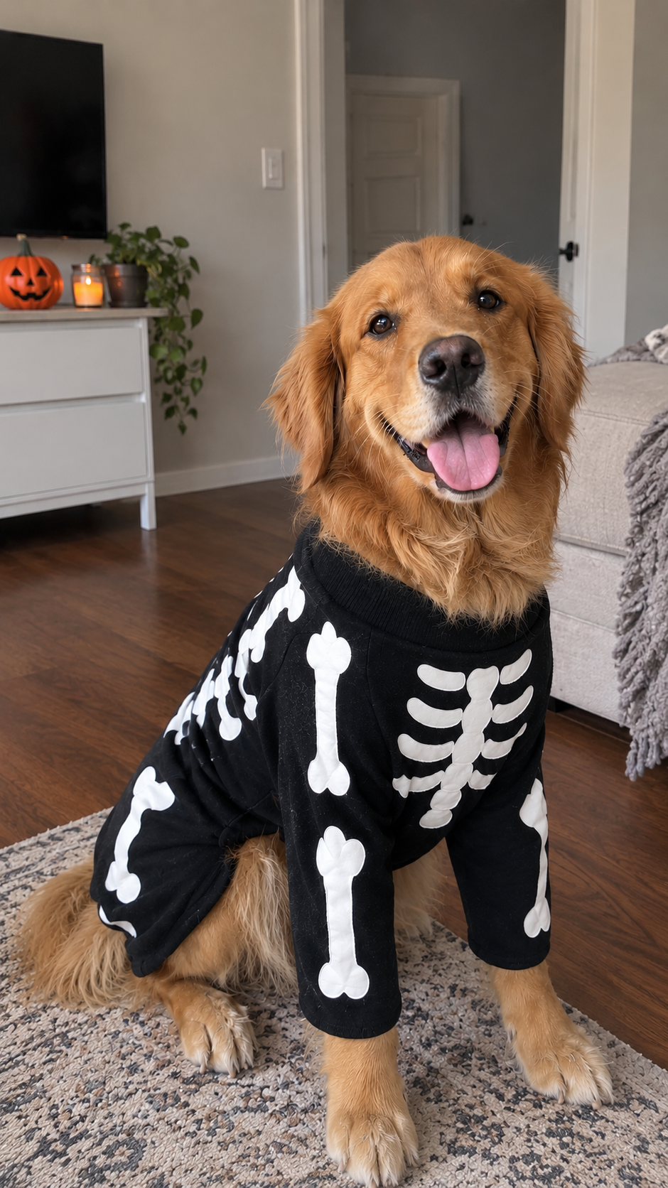 Pet wearing a skeleton costume